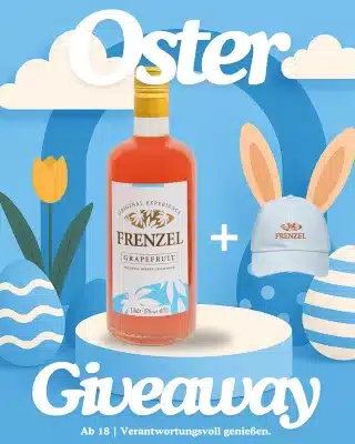 Oster-Gewinnspiel von FRENZEL: Flasche FRENZEL Grapefruit und Cap mit Hasenohren auf frühlingshaftem Hintergrund mit Ostereiern und Tulpen.