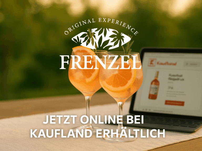 Zwei Gläser FRENZEL Grapefruit Spritz mit Grapefruitscheiben vor einem Laptop mit geöffneter Kaufland-Produktseite zum Likör FRENZEL Grapefruit.