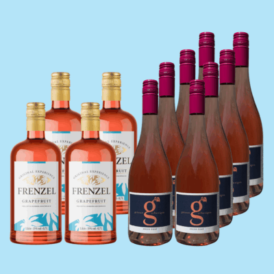 Vier Flaschen FRENZEL Grapefruit und acht Flaschen Secco Rosé auf hellblauem Hintergrund