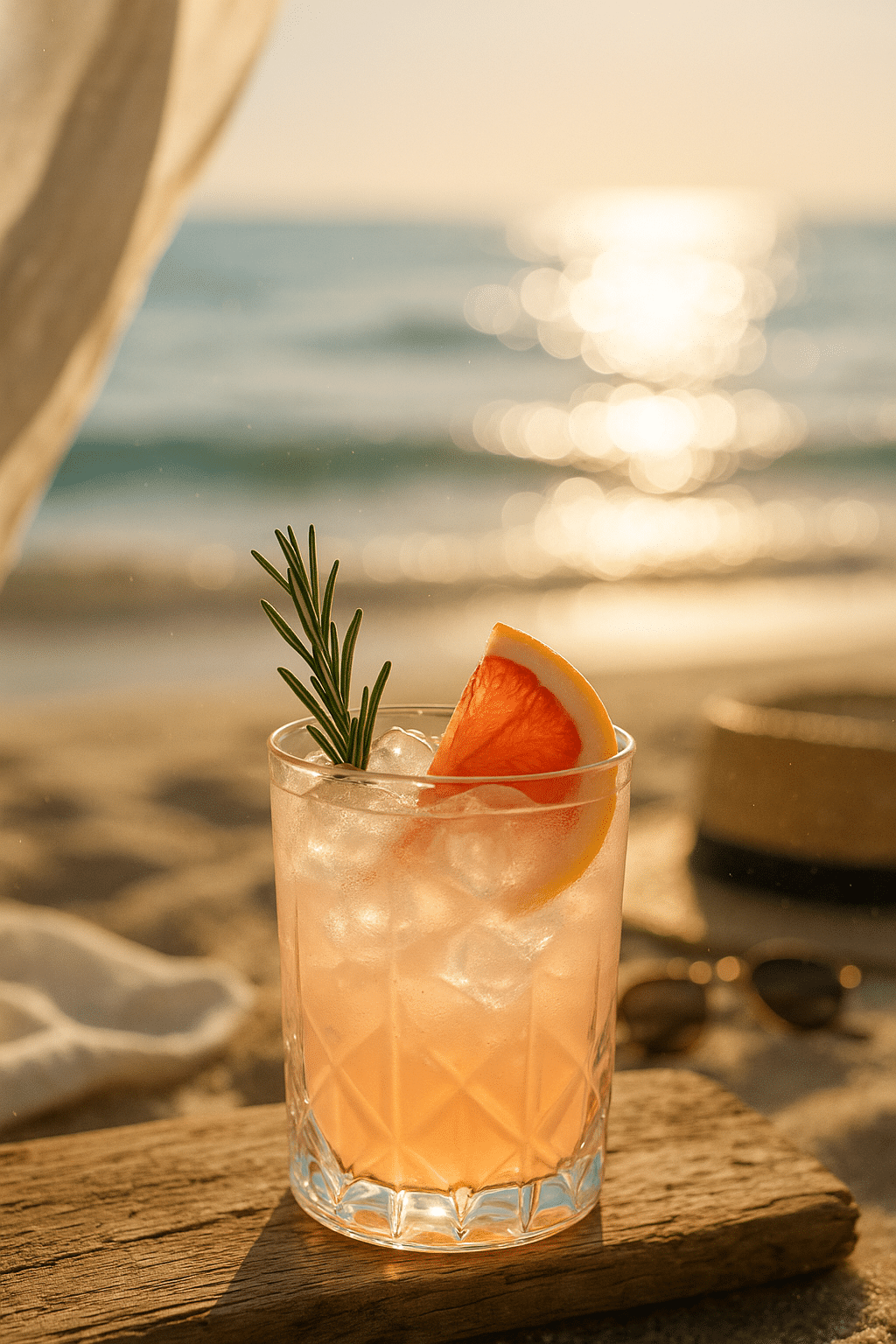 Ein FRENZEL Grapefruit-Cocktail im Glas mit Eis und Grapefruitscheibe am Strand bei Sonnenuntergang