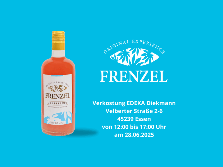 Flasche Likör FRENZEL Grapefruit mit Hinweis auf die Verkostung am 28. Juni 2025 bei EDEKA Diekmann in Essen